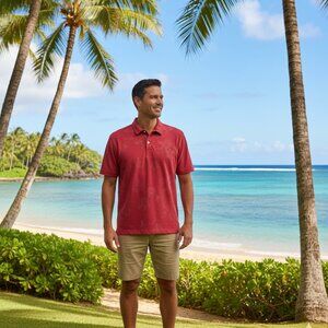 Orvis Mens Polo Shirt Sz XL Hawaiian Aloha Floral Print Red Fishing Rugby Cotton